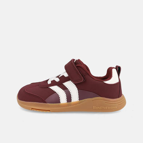 Zapatillas infantiles barefoot veganas Blanditos Ares Rioja, tallas 25–34, color burdeos con detalles blancos y suela plana flexible.